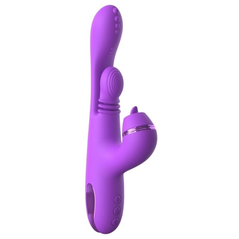 Purple sex toy vibrator with curved shaft and multiple attachments for personal stimulation (adult product).