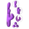 Purple silicone vibrator with a curved shaft, textured tip, and interchangeable attachments shown in insets.