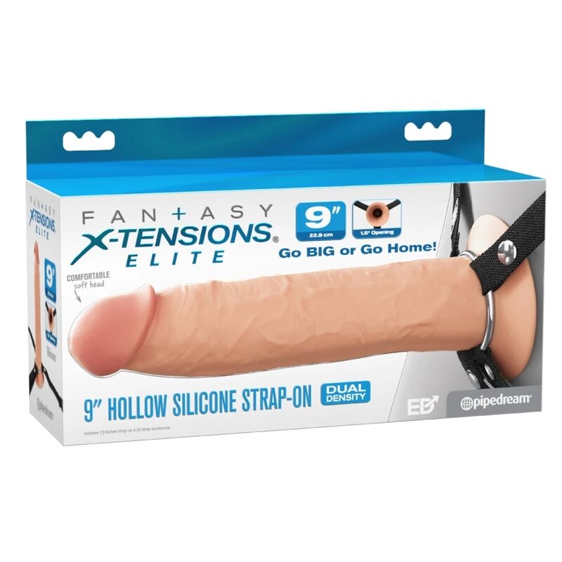 Boxed 9-inch hollow silicone strap-on dildo from X-Tensions Elite, showing a lifelike shaft with dual-density material and harness attachment imagery on the packaging.