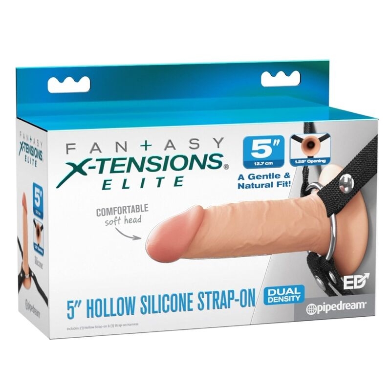 Packaging for Fan+asy X-Tensions Elite 5-inch hollow silicone strap-on dildo with dual-density head and harness visible on the box.