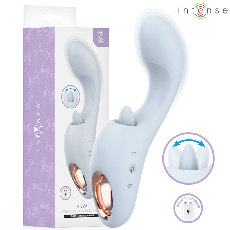 Dual-ended wireless sex toy (blue silicone) with curved arms shown beside Intense packaging; rechargeable magnetic charger icon visible.