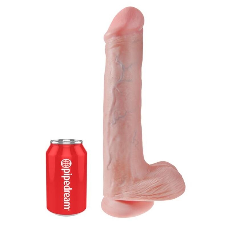 Realistic dildo standing upright next to a red can for scale on a white background.