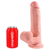 Pink silicone dildo with a curved shaft and rounded head, placed beside a red Pipedream can for scale.