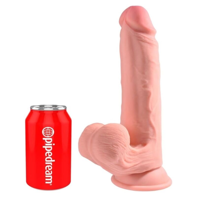 Pink silicone dildo with a curved shaft and rounded head, placed beside a red Pipedream can for scale.