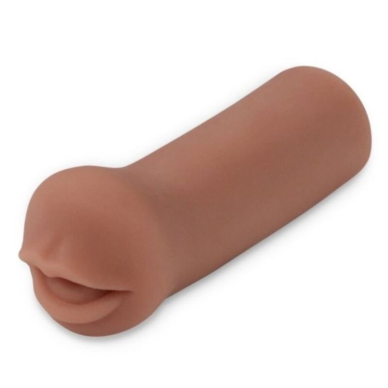 Flesh-colored silicone penis sleeve with a rounded tip and a mouth-like opening at one end, used as a sex toy grip or stimulation accessory.