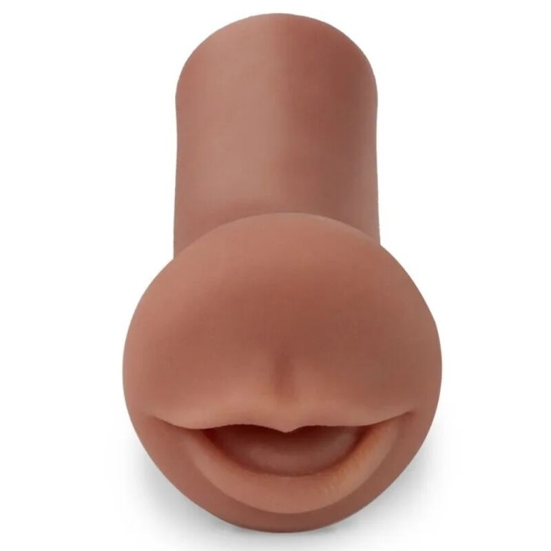 Phallic silicone sex toy with a rounded end and a mouth-like opening at the base
