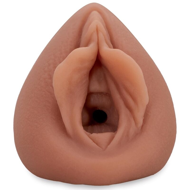 Close-up of a pink silicone sex toy resembling female genitalia, showing the vaginal opening and surrounding folds.