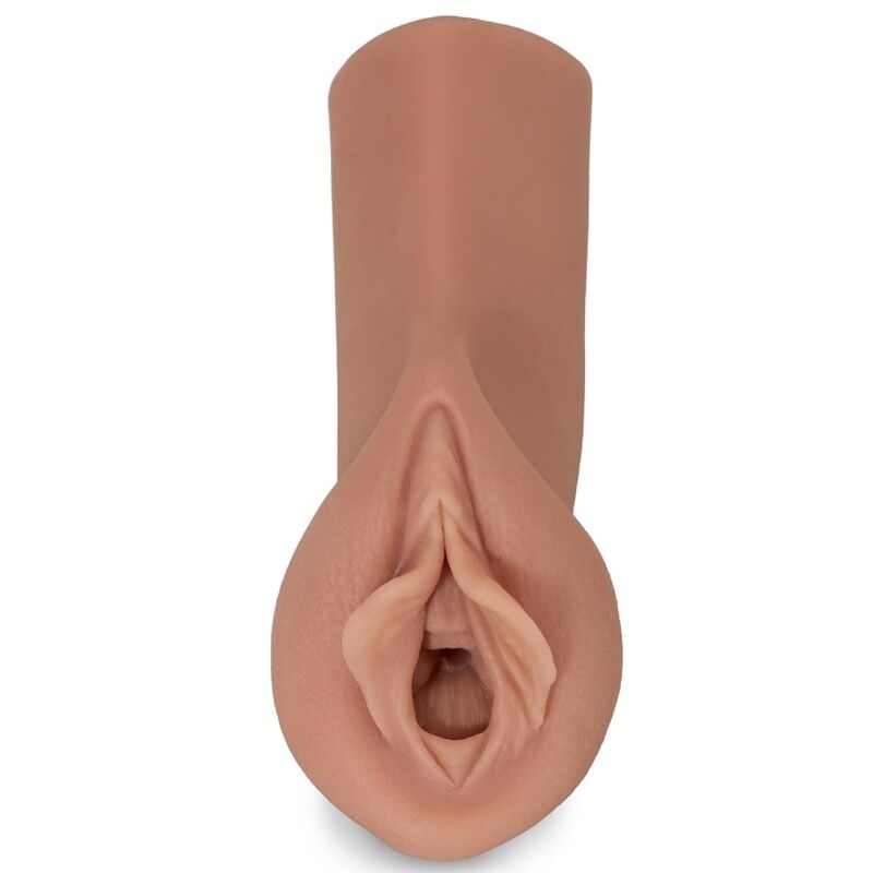 Flesh-colored dildo with a realistic vaginal opening at the base, shown from a top-down angle.
