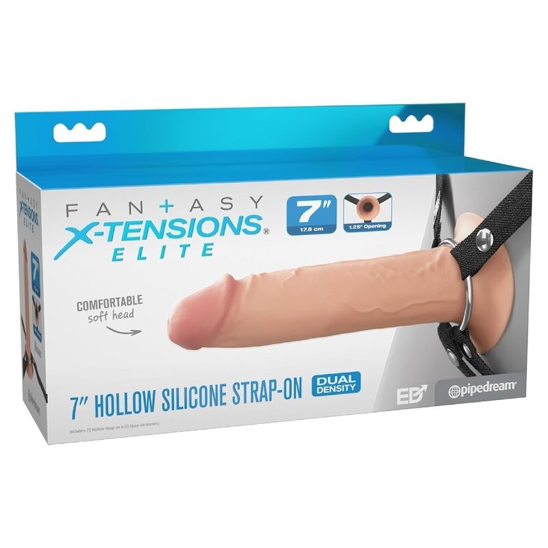 Box for a 7-inch hollow silicone strap-on dildo with blue and white packaging and product image on the front.