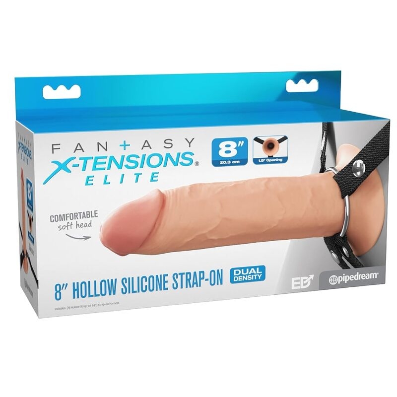 Product packaging for an 8-inch hollow silicone strap-on dildo (Fantasy X-Tensions Elite) with harness shown on the box surface.