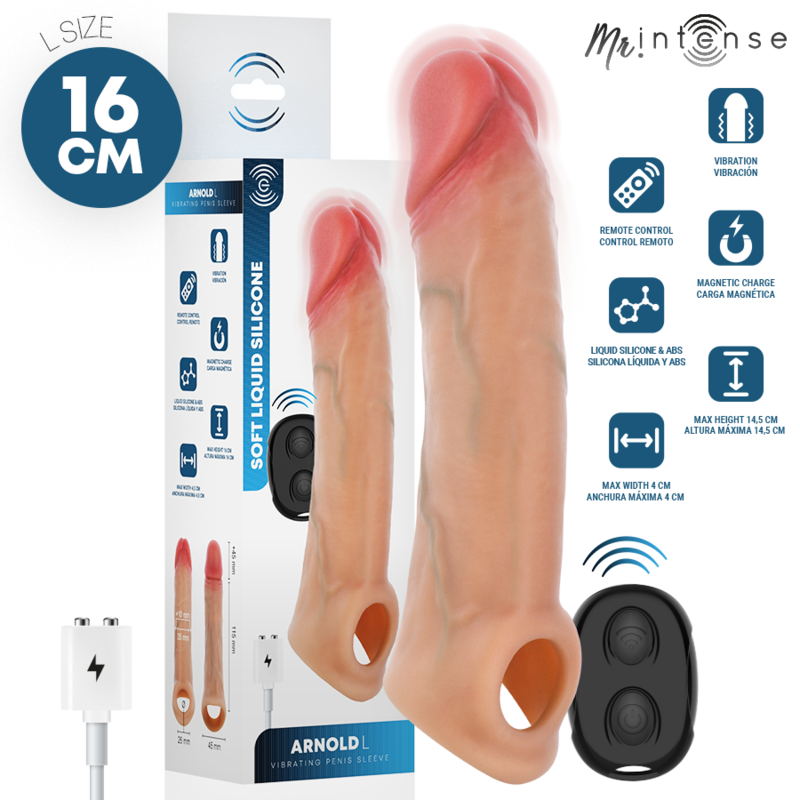 Vibrating penis sleeve with remote control; packaging shows 16 cm size and silicone material, with the sleeve and controller visible.