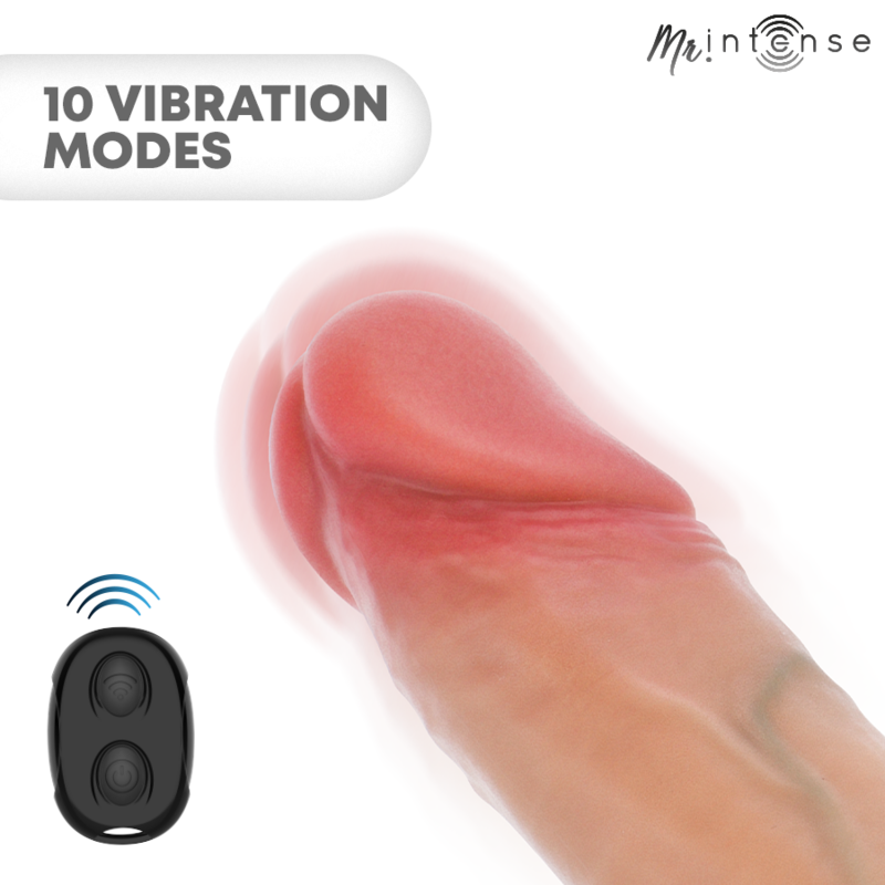 Finger applying vibration to a pink tip with a small wireless remote on the left and a '10 VIBRATION MODES' label in the top left, Mr Intense branding nearby.