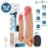 Vibrating penis sleeve set with remote control; beige sleeves, packaging notes 14.5 cm length, plus a black remote and charger.