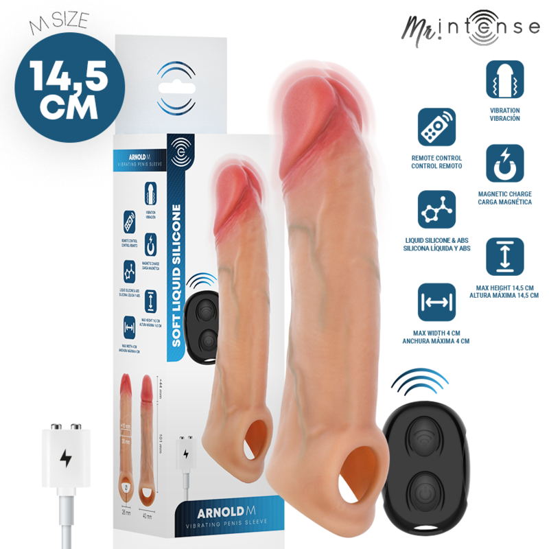 Vibrating penis sleeve set with remote control; beige sleeves, packaging notes 14.5 cm length, plus a black remote and charger.