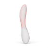White and pink silicone vibrator with a curved shaft and bead-like texture along one side, standing upright on a white background