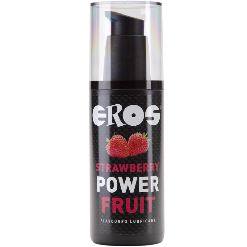 EROS Strawberry Power Fruit flavored lubricant bottle with pump top and strawberry imagery on the label