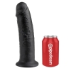 Black dildo standing upright beside a red soda can for scale on a white background