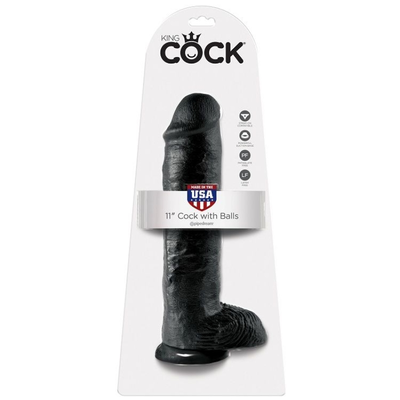 img_29663_56e00eade7ad8efdea3f711cc8e1f356_1jpg - Sex Shop | Lodia.gr - 100% Διακριτική Και Παράδοση με courier της επιλογή σας Black 11-inch dildo with balls on white display packaging, branded King Cock and USA-made.