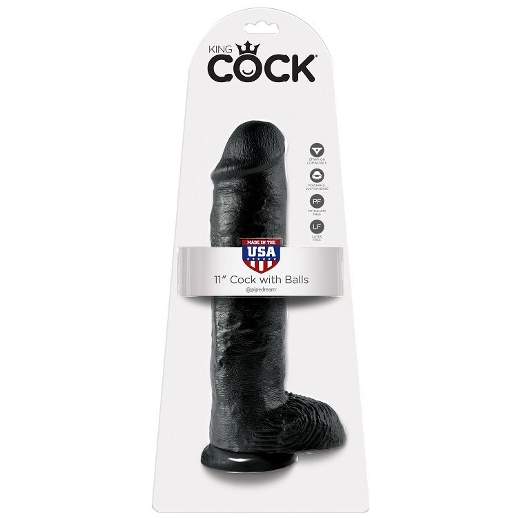 img_29663_56e00eade7ad8efdea3f711cc8e1f356_1jpg - Sex Shop | Lodia.gr - 100% Διακριτική Και Παράδοση με courier της επιλογή σας Black 11-inch dildo with balls on white display packaging, branded King Cock and USA-made.