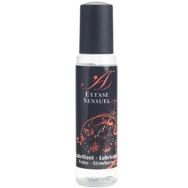 Bottle of personal lubricant labeled Extase Sensuel with a navy label and red decorative design, strawberry flavor (Fraise—Strawberry).