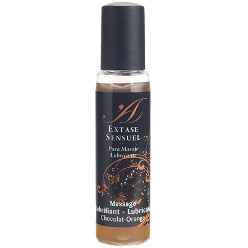 Bottle of Extase Sensuel massage lubricant with a black label and orange floral design on a clear bottle.