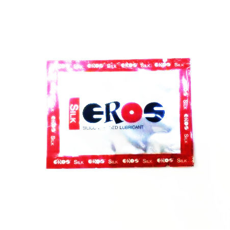 Single-use sachet labeled 'GROS' lubricant with a bright pink border on a white background.