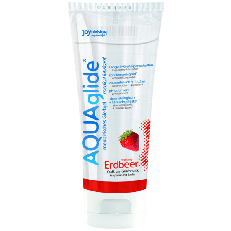 Tube of AquaGlide medical lubricant, strawberry flavor with blue branding and red base cap.