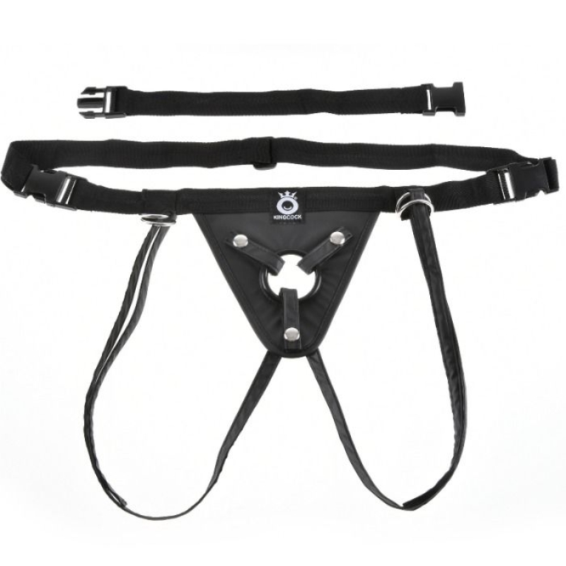 Black strap-on harness with adjustable waist and thigh straps, featuring an O-ring in the center for dildo attachment on a white background
