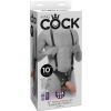 Packaging for a King Cock 10-inch hollow strap-on suspender system featuring a man wearing a harness with a dildo attached to the front image on the box.