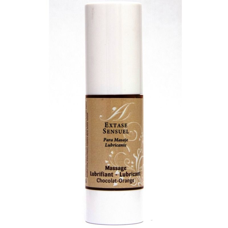 Bottle of Extase Sensuel massage lubricant (Chocolate-Orange) with white cap and tan label front view, product shot.