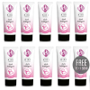 Row of white cosmetic tubes with pink bubblegum design labeled 'KIKI Travel' and black caps; promo badge reading 'FREE 10+150ml' on one tube.