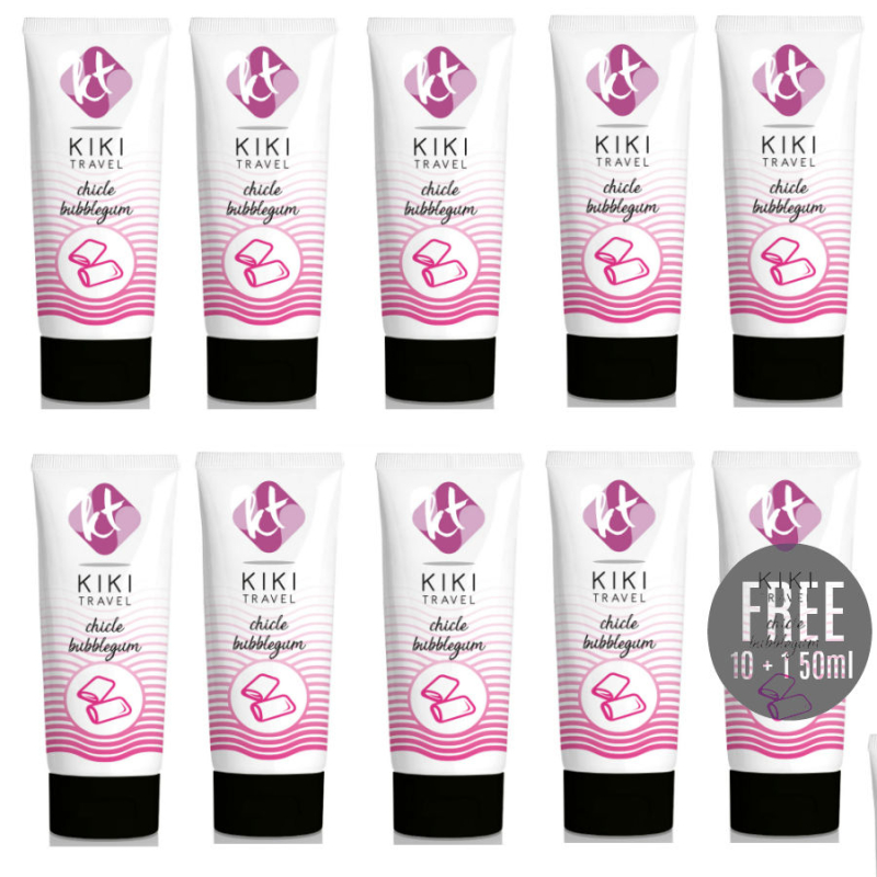 Row of white cosmetic tubes with pink bubblegum design labeled 'KIKI Travel' and black caps; promo badge reading 'FREE 10+150ml' on one tube.
