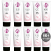 Row of white travel-size tubes with pink waves and purple KIKI Travel logo; reads 'nube sweets' with a promo circle 'FREE 10+150ml'.