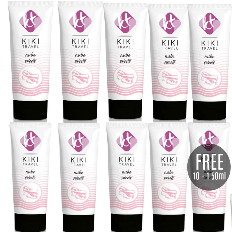 Row of white travel-size tubes with pink waves and purple KIKI Travel logo; reads 'nube sweets' with a promo circle 'FREE 10+150ml'.
