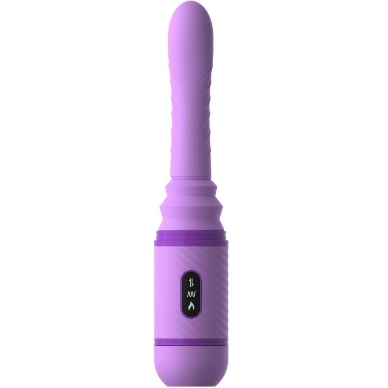Purple silicone vibrator with a ribbed shaft and a black control panel on the base (intimate toy).