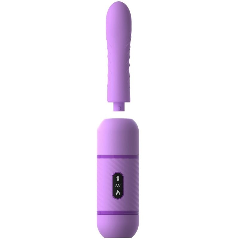 Purple vibrator with a detachable head, shown disassembled into two pieces: a ribbed wand and a cylindrical controller with a control panel.
