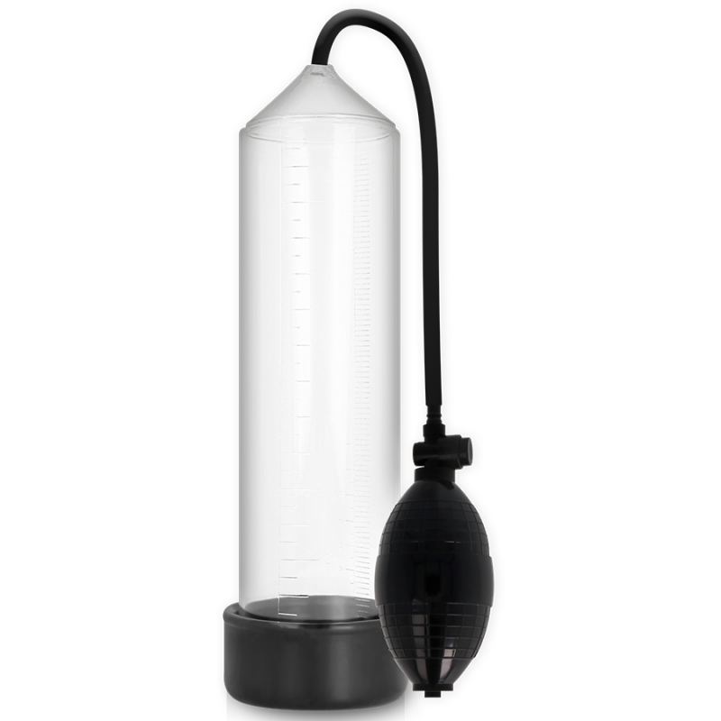 Clear cylindrical penis pump with black hand bulb and base for vacuum erections (sex toy).