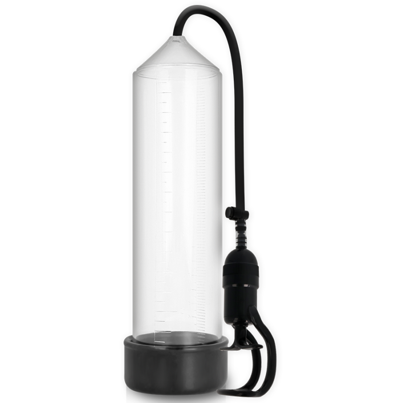 Penile vacuum pump with a clear cylindrical chamber, black base and hose attachment for erectile therapy.