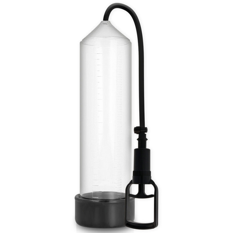 Transparent penis pump with a black hand pump and base, used for vacuum erection therapy.
