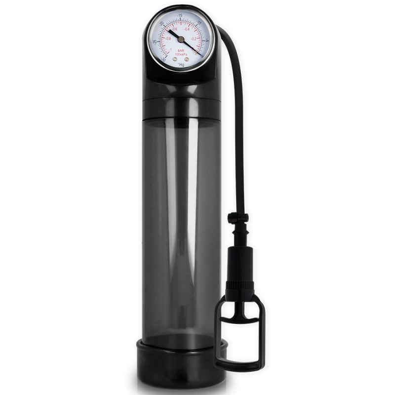 Hand-operated air pump with a pressure gauge at the top, black body, and a hose with a nozzle attached
