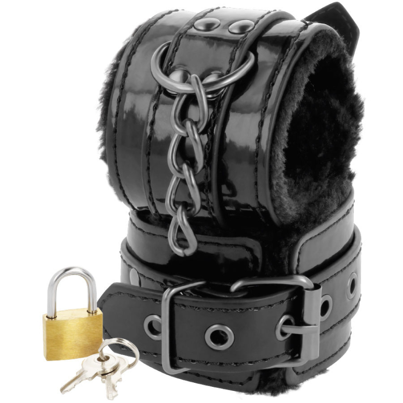 Alternative view of DARKNESS - BLACK ADJUSTABLE LEATHER HANDCUFFS WITH PADLOCK