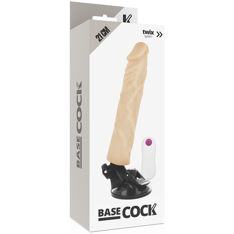 img_80042_4bb78811f544c3e3ec72787d50f0479c_1png - Sex Shop | Lodia.gr - 100% Διακριτική Και Παράδοση με courier της επιλογή σας Product packaging for a beige dildo on a black suction base labeled 'BASE COCK' with a small white remote nearby on a white background
