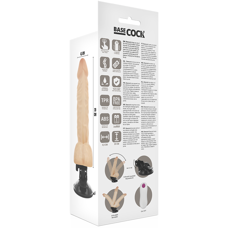 img_80072_5a459e19ab35a37e35c74c23dc7e5ea1_1png - Sex Shop | Lodia.gr - 100% Διακριτική Και Παράδοση με courier της επιλογή σας Packaging for Base Cock sex toy, featuring a beige realistic dildo mounted on a black base with measurement marks and product icons on the side