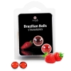 Product packaging for Brazilian Balls in strawberry flavor, featuring glossy red spheres and fresh strawberries against a black label backdrop.