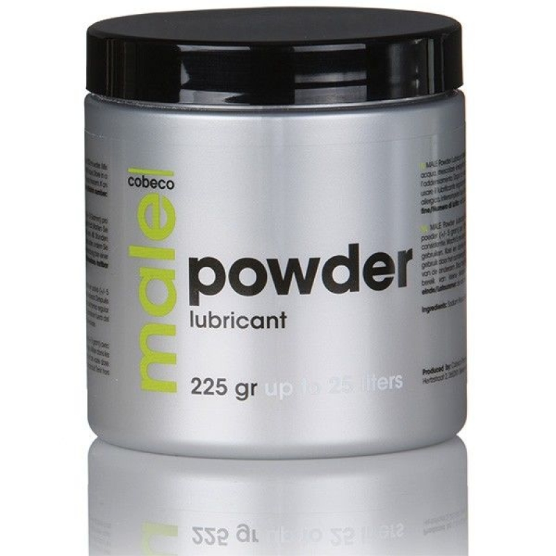 Silver jar of Cobeco male powder lubricant with a black lid, labeled 225 g.