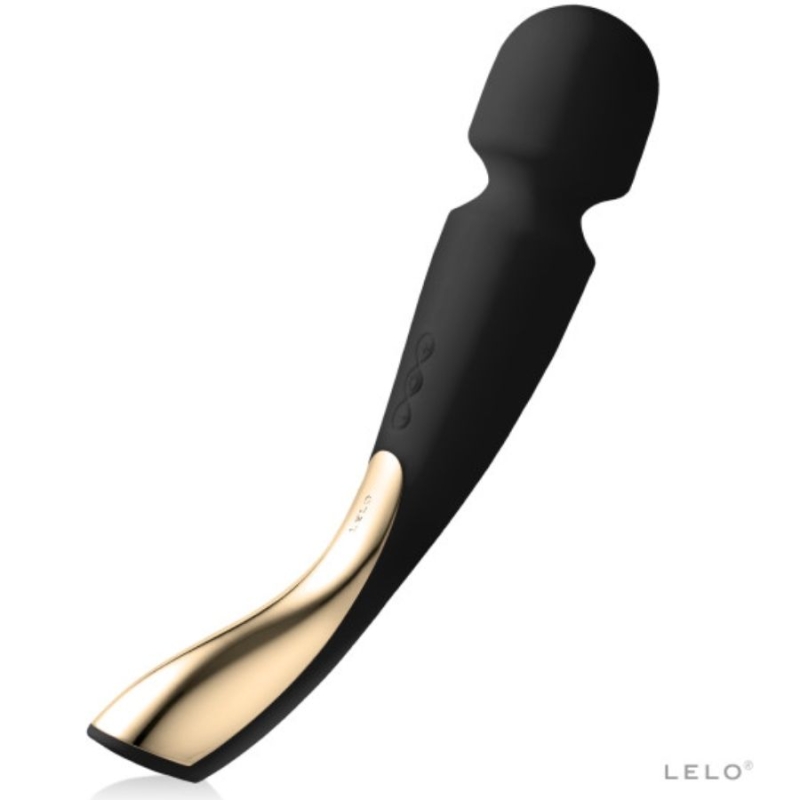 Black curved vibrator with a gold accent and rounded tip, positioned diagonally against a white background (LELO branding visible).