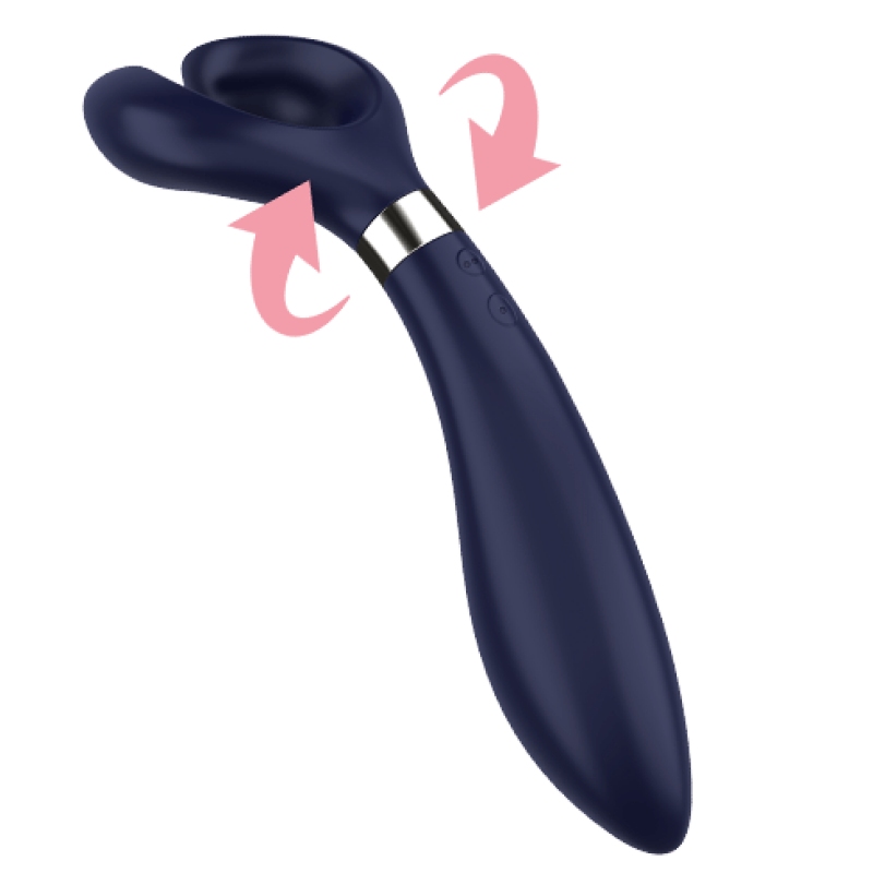 Blue curved vibrating sex toy with a rotating dual-head tip and pink motion arrows to show rotation (silicone/sleek design).