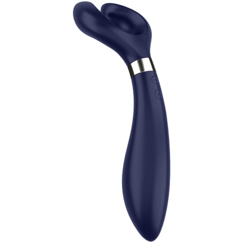 Blue silicone dual-ended vibrator with a curved shaft and bulbous tip for internal and external stimulation.