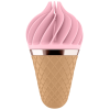 Pink soft-serve ice cream swirled on a waffle cone with a metallic band at the rim