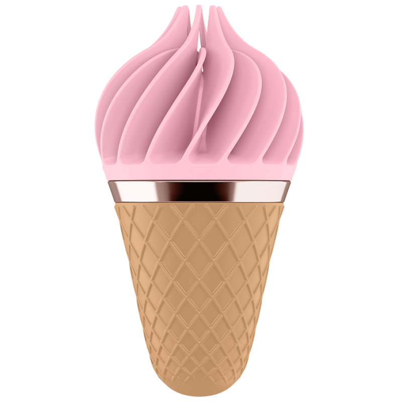 Pink soft-serve ice cream swirled on a waffle cone with a metallic band at the rim